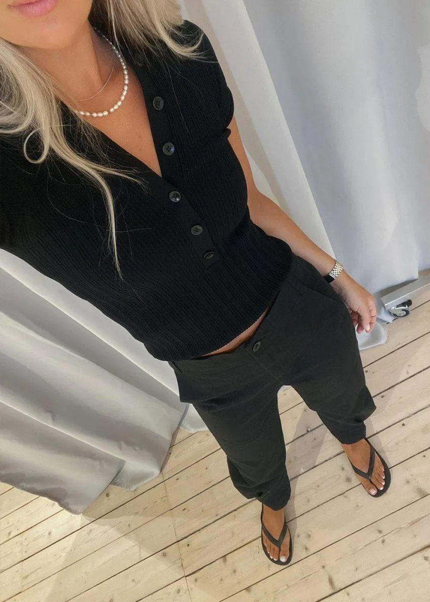 cotton linen tapered pants - Black