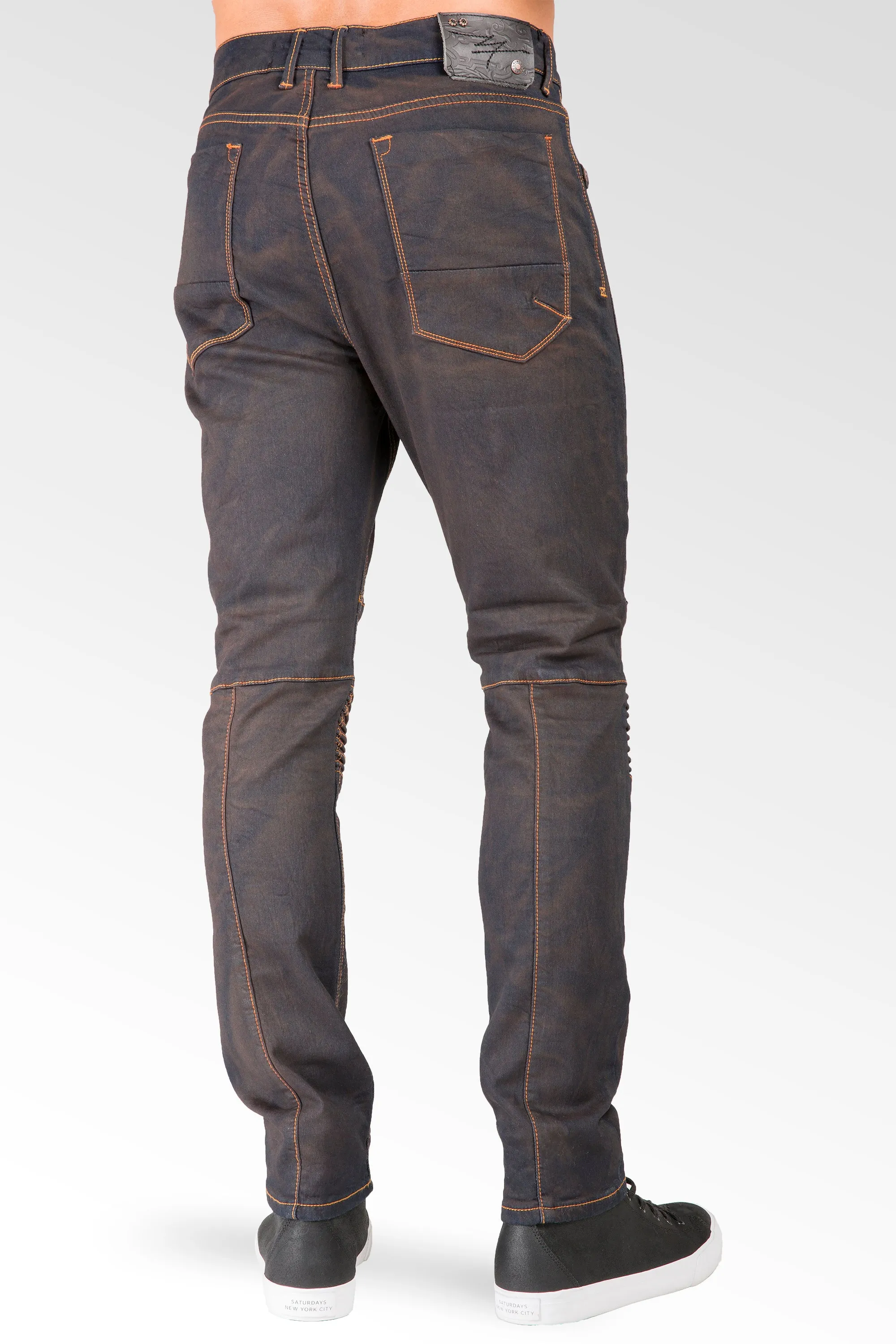Slim Tapered Leg Premium Knit Denim Moto Jeans Copper Tainted Wash