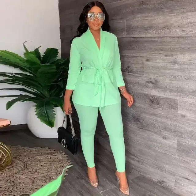 V-Neck Lace-up Shirt Tight Pants Set