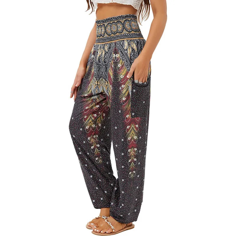 Women's Harem Pants, High Waist Yoga Boho Trousers with Pockets